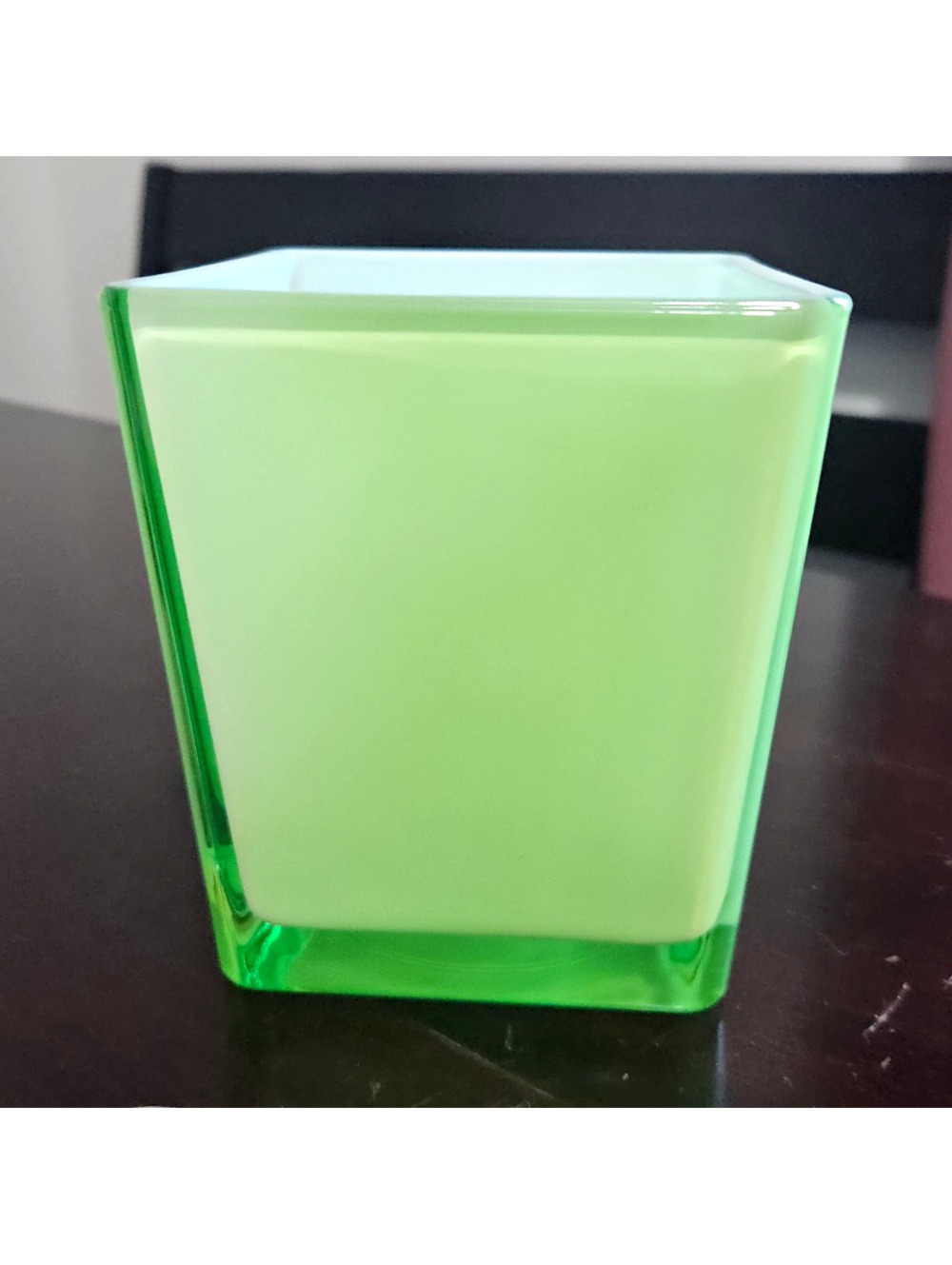 Teleflora Green & White Square Glass Vase, Printed Backstamp, Made in Poland